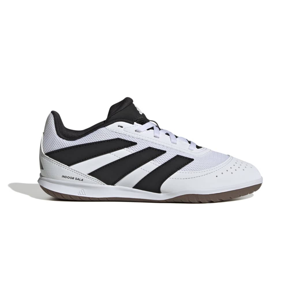 Chuteira Adidas Predator Club Jr7026 branca infantil vista lateral com detalhes em preto e amarelo